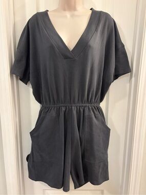 ZENANA GRAY V-Neck Short Sleeve Romper with Front Pockets